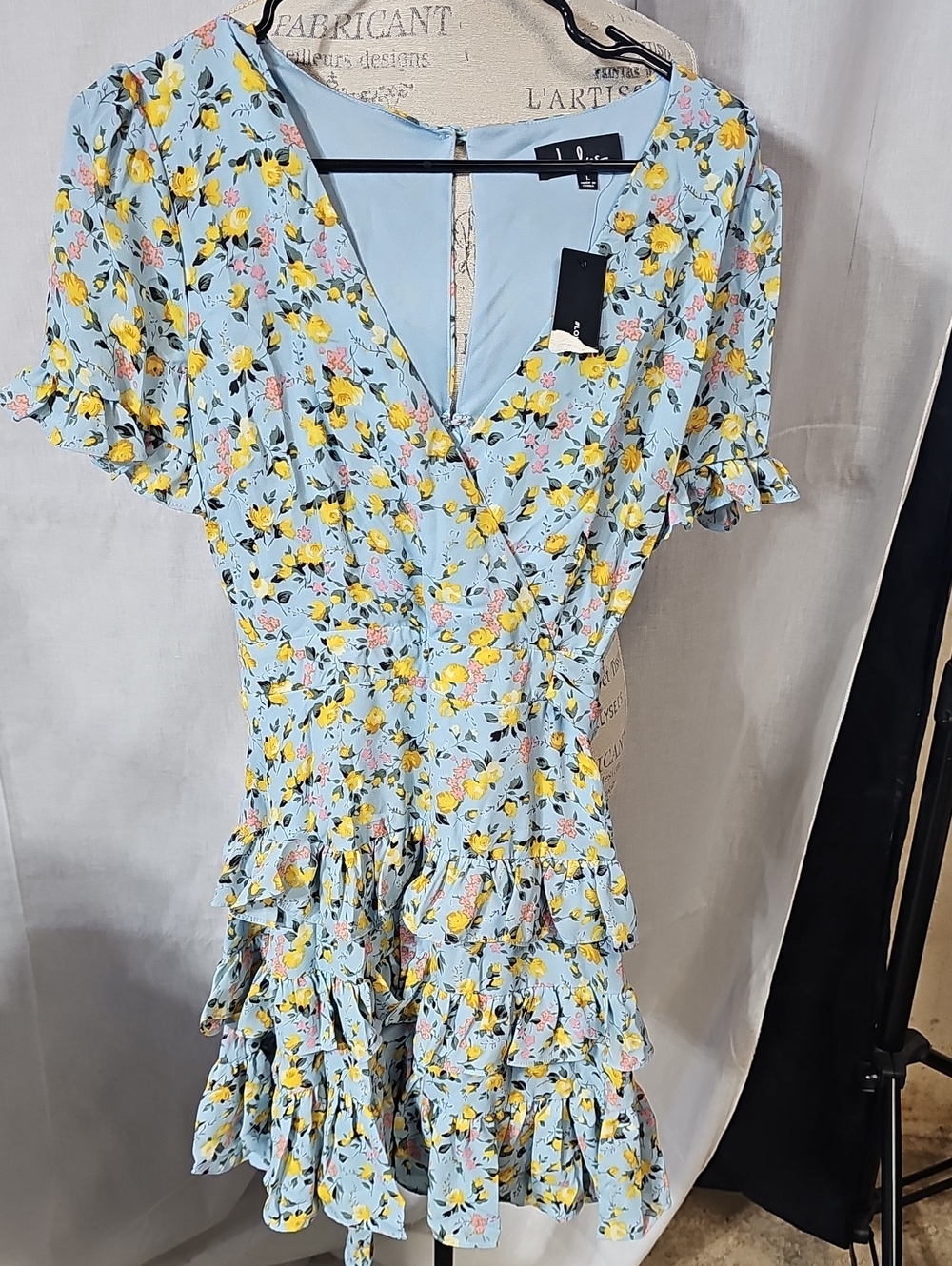 Lulu's Light Blue Floral Ruffle Wrap Mini Dress